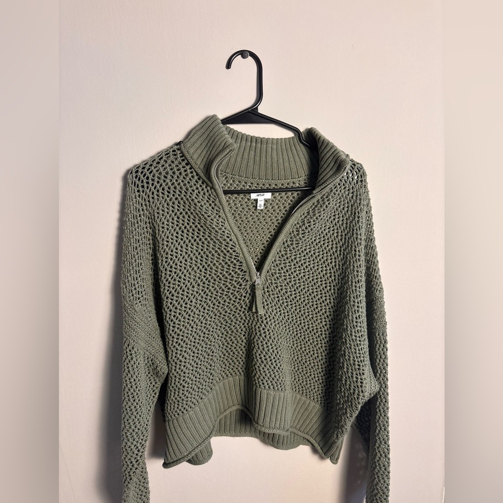 Aerie Olive Green Cropped Knit Sweater Quarter Zip Chunky Cotton Size S/P - Picture 3 of 9